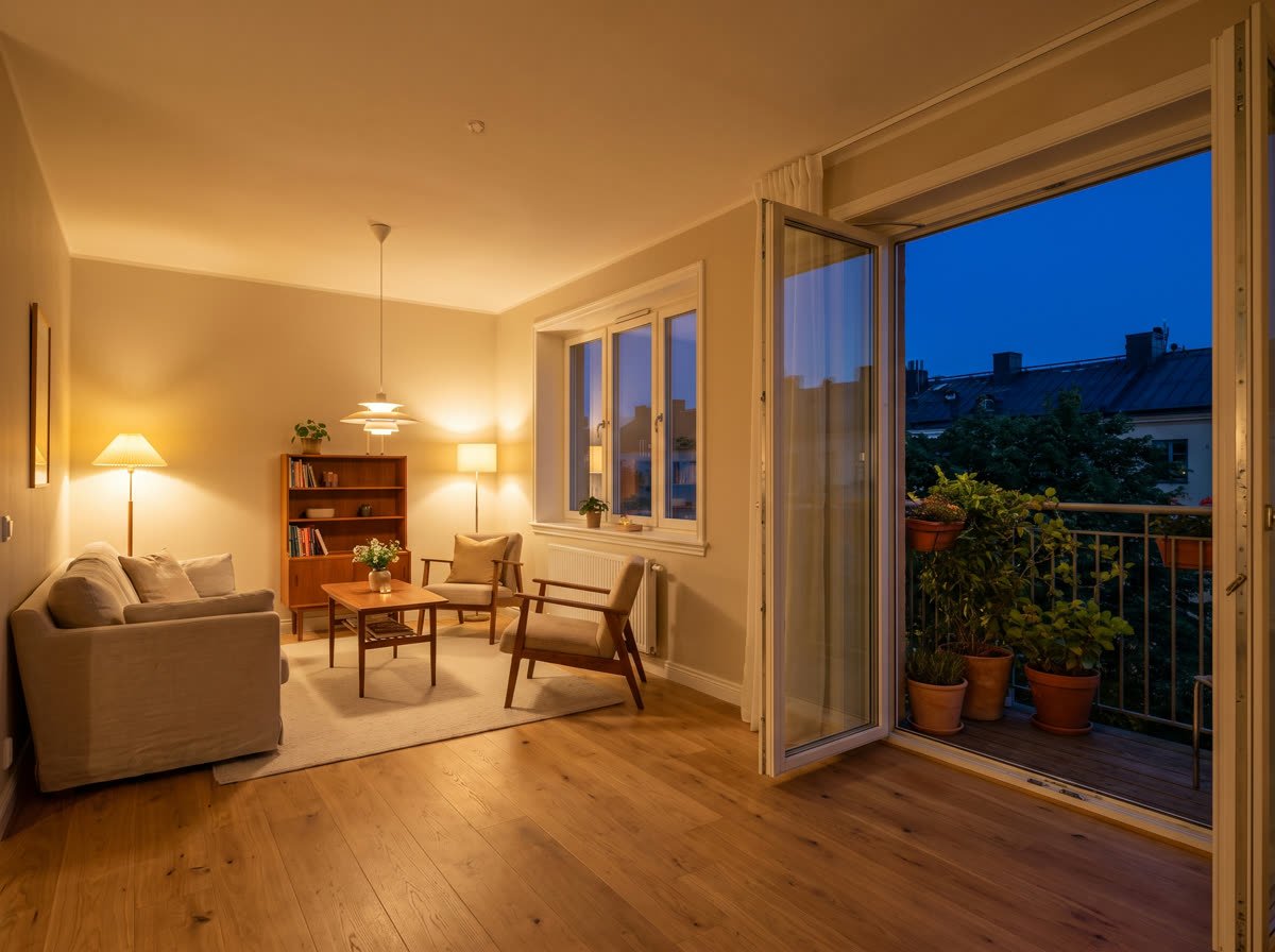 Helles Wohnzimmer mit offener Tür zum Balkon