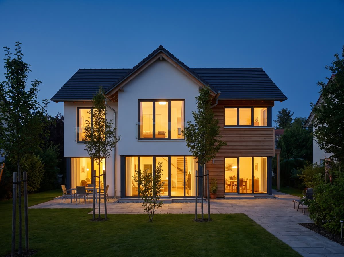 Einfamilienhaus mit Holzfassade, Terrasse und Garten am Abend
