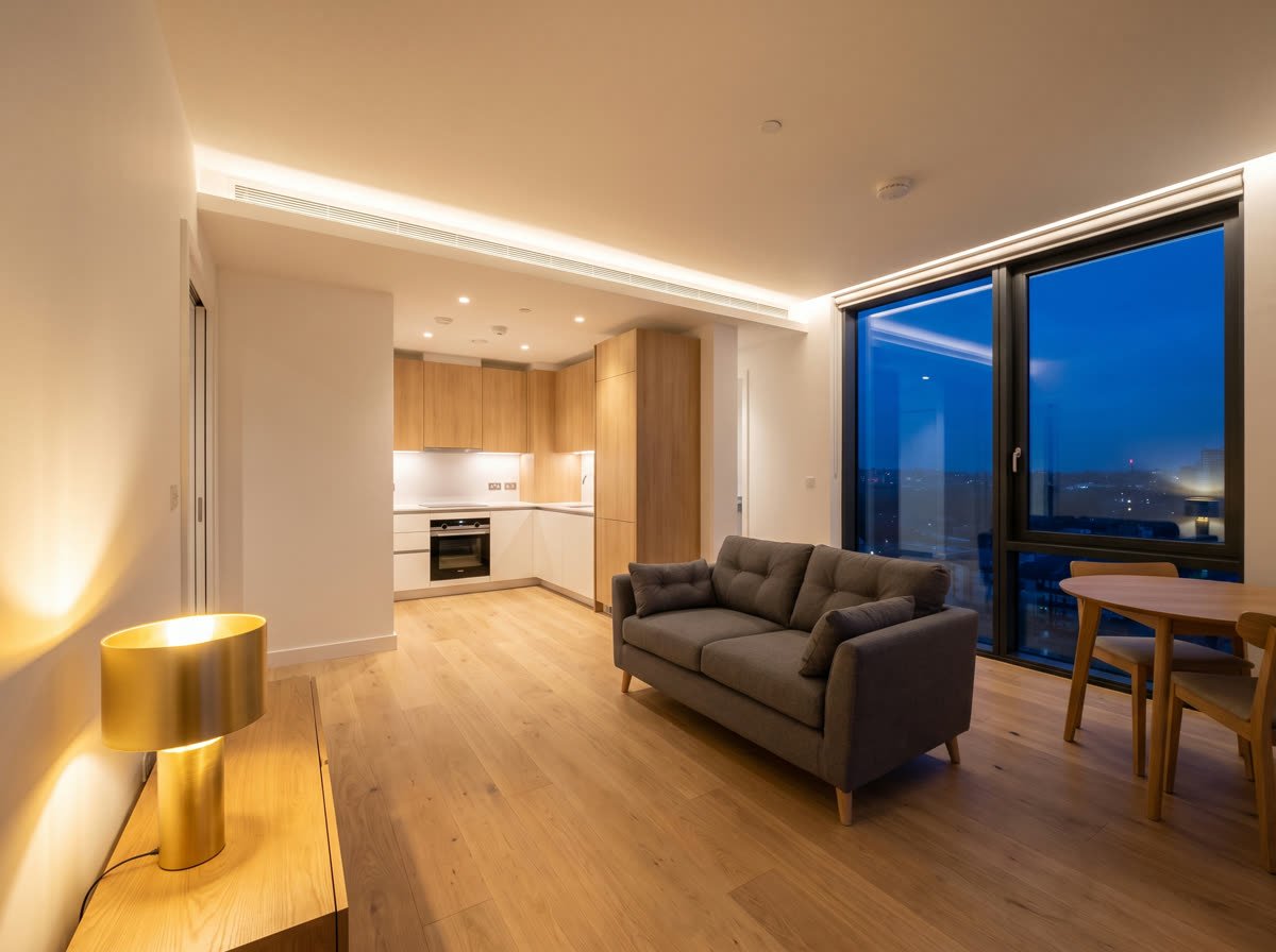 Neubau-Apartment mit offener Küche und großem Fenster